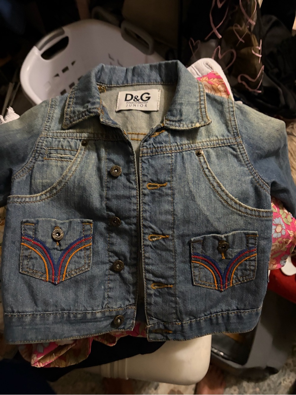 Vintage Dolce & Gabbana Junior Light Blue Denim Jacket with Rainbow Pockets